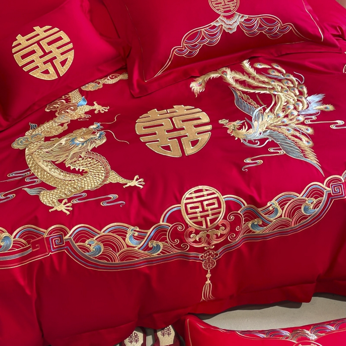 91家纺网 家纺一手货源 找家纺 欧乐蒂 2025新款亲肤棉婚庆刺绣四件套系列 龙凤瑞彩2