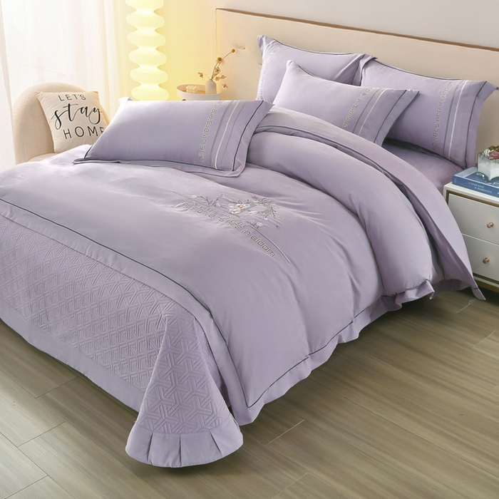 91家纺网 家纺一手货源 找家纺 OL家纺 2024新款磨毛暖绒床盖夹棉四件套刺绣轻奢风 香芋紫