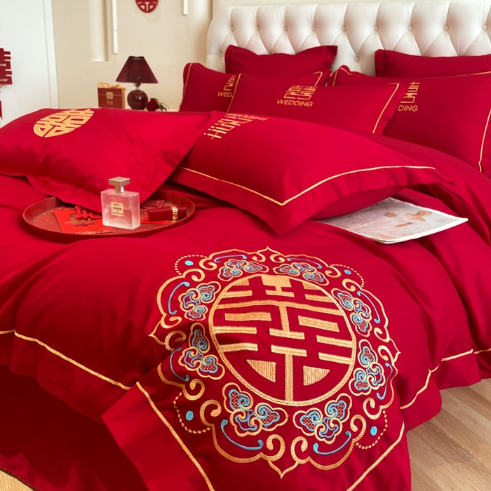 91家纺网 家纺一手货源 找家纺 欧乐蒂 2025新款亲肤棉婚庆刺绣四件套系列 双喜临门