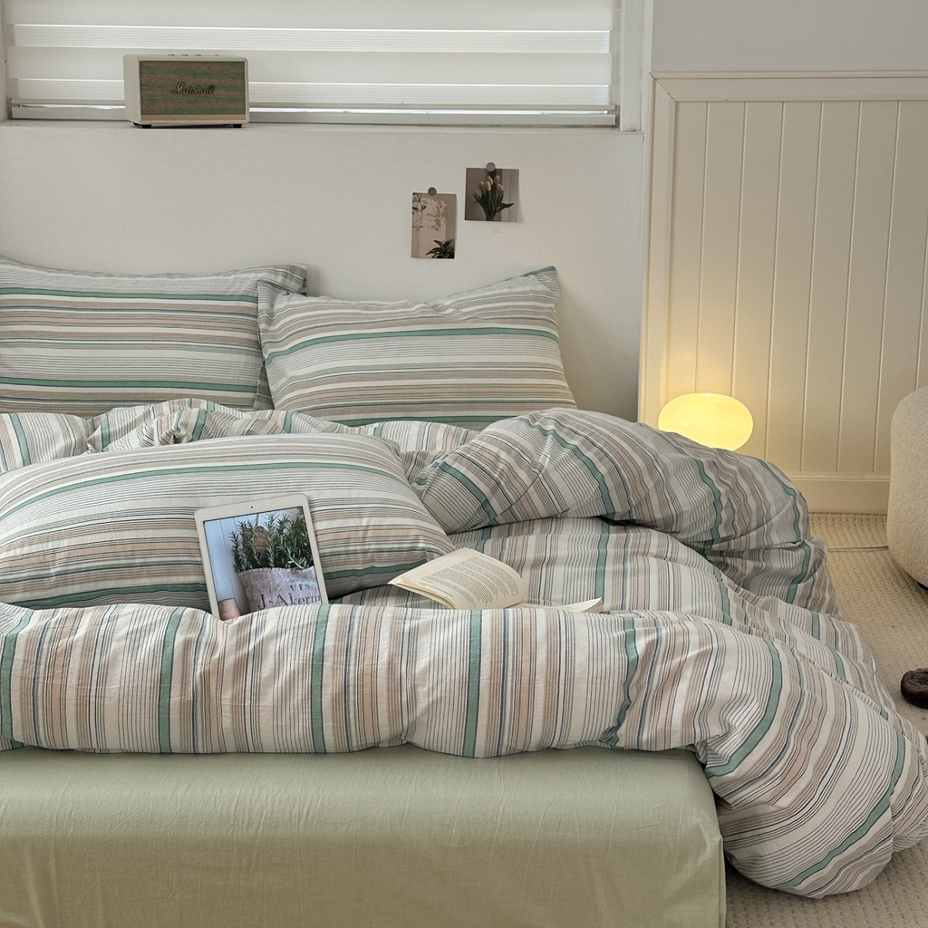 91家纺网 家纺一手货源 找家纺 久典家居 2024新款水洗棉条纹系列单被套 沐妍绿