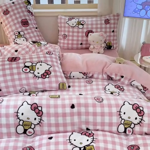 91家纺网 家纺一手货源 找家纺 桃子家居 2024新款三丽鸥卡通加厚高克重200克牛奶绒系列四件套 绒三丽鸥-粉格kitty