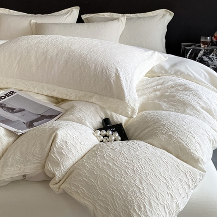 91家纺网 家纺一手货源 找家纺 2025新款水洗棉双层纱提花四件套-洛伊 洛伊白