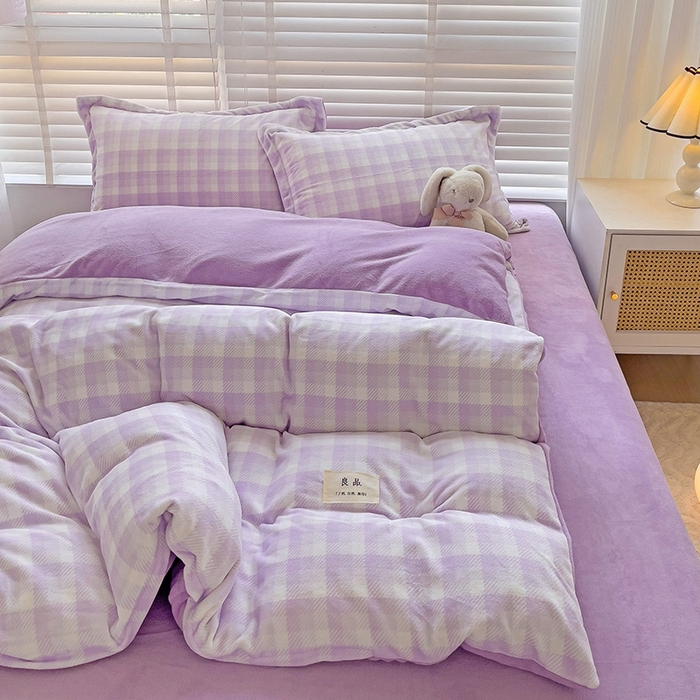91家纺网 家纺一手货源 找家纺 简一 2025新款牛奶绒无印风ins风方格系列-四件套 无印风方格方格-浅紫