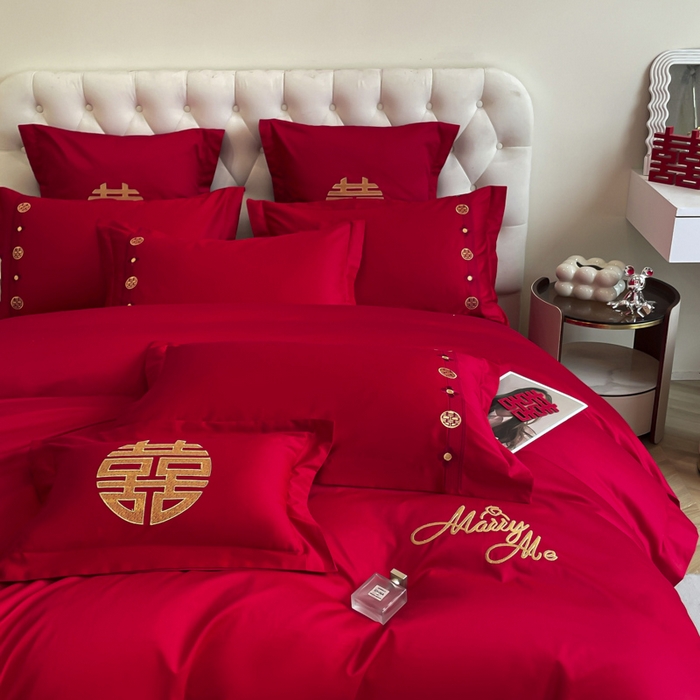 91家纺网 家纺一手货源 找家纺 欧乐蒂 2025新款亲肤棉婚庆刺绣四件套系列 爱相随