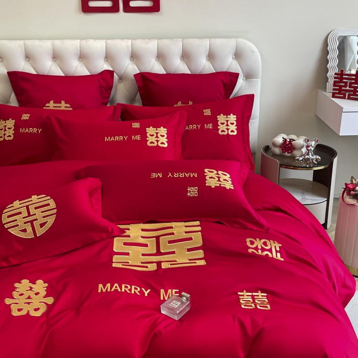 91家纺网 家纺一手货源 找家纺 欧乐蒂 2025新款亲肤棉婚庆刺绣四件套系列 大喜-金