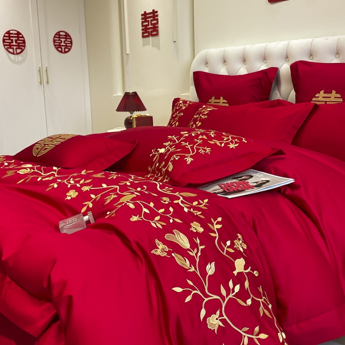 91家纺网 家纺一手货源 找家纺 欧乐蒂 2025新款亲肤棉婚庆刺绣四件套系列 喜上枝头