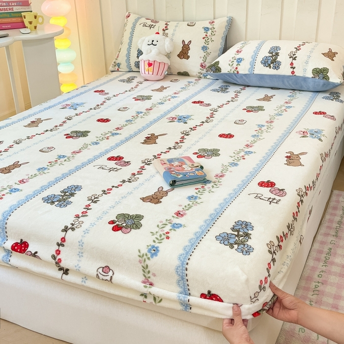 91家纺网 家纺一手货源 找家纺  星座家纺 2025新款小清新牛奶绒单床笠 动物小花