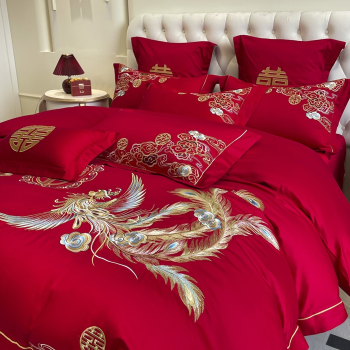 91家纺网 家纺一手货源 找家纺 欧乐蒂 2025新款亲肤棉婚庆刺绣四件套系列 龙飞凤舞