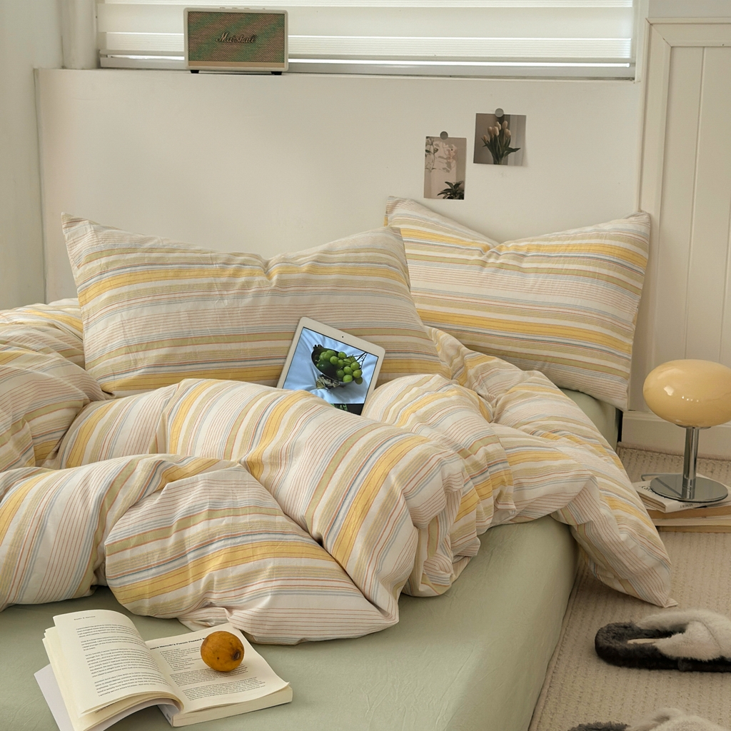 91家纺网 家纺一手货源 找家纺 久典家居 2024新款水洗棉条纹系列单被套 沐妍黄