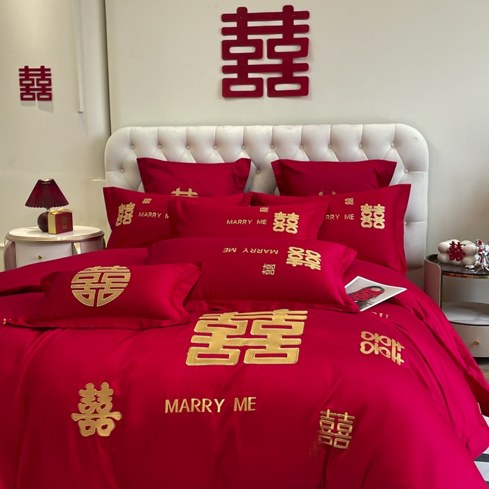 91家纺网 家纺一手货源 找家纺 欧乐蒂 2025新款亲肤棉婚庆刺绣四件套系列 大喜-金