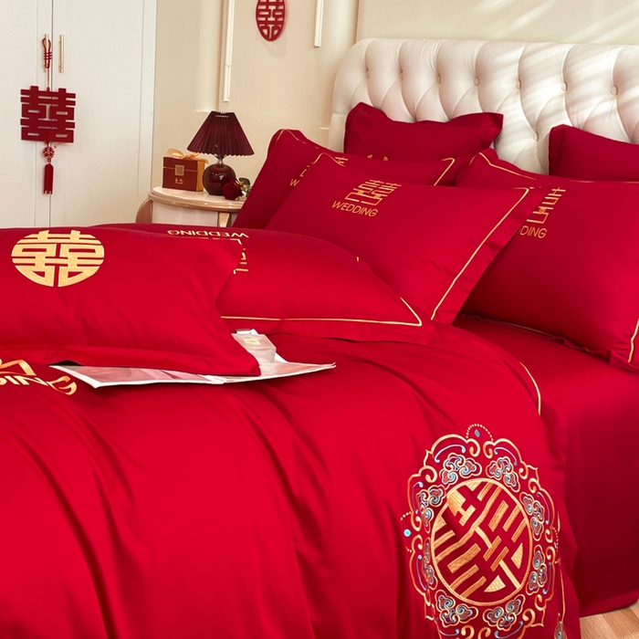 91家纺网 家纺一手货源 找家纺 欧乐蒂 2025新款亲肤棉婚庆刺绣四件套系列 双喜临门