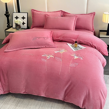 陌乘坊家纺 2024新款高克重牛奶绒刺绣四件套-百合系列 百合-豆沙色