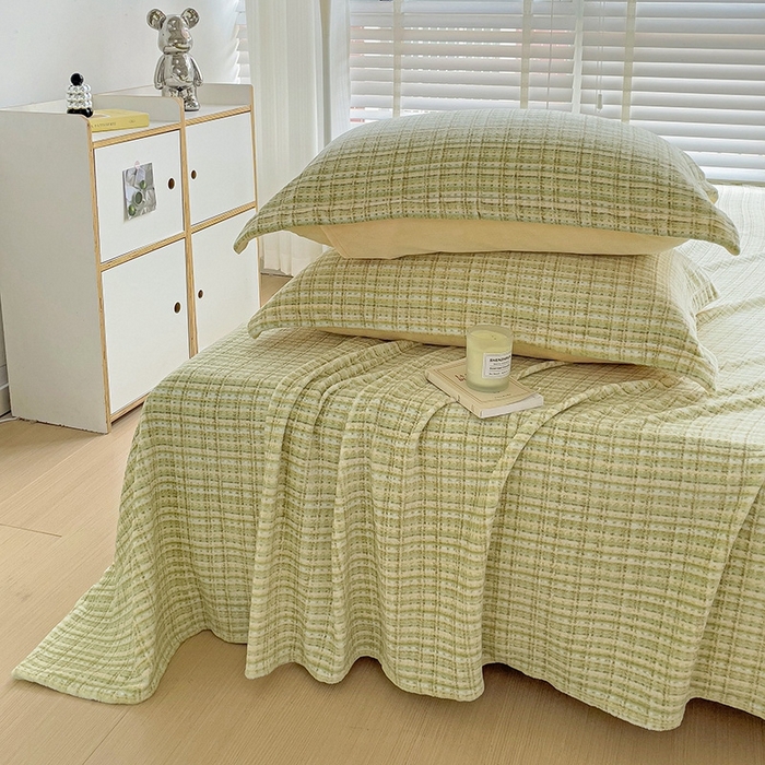 91家纺网 家纺一手货源 找家纺 简一 2024新款牛奶绒无印风ins风方格系列-单枕套 小香风荆棘-浅绿