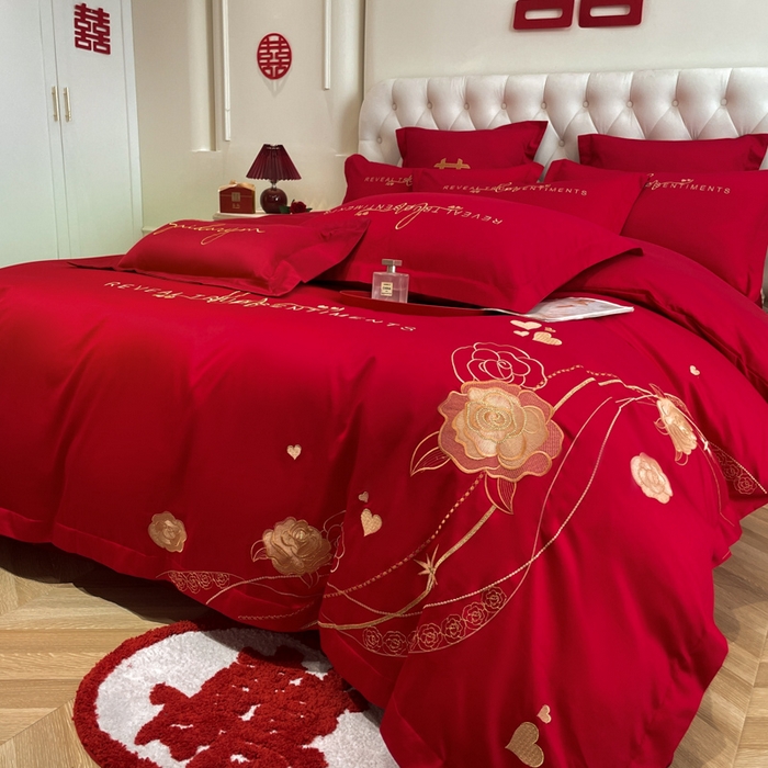 91家纺网 家纺一手货源 找家纺 欧乐蒂 2025新款亲肤棉婚庆刺绣四件套系列 玫瑰爱恋