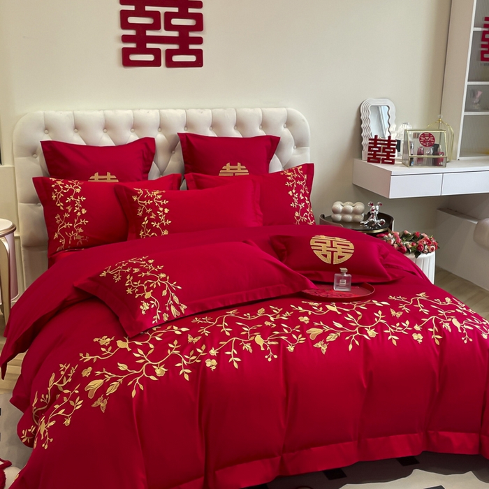 91家纺网 家纺一手货源 找家纺 欧乐蒂 2025新款亲肤棉婚庆刺绣四件套系列 喜上枝头