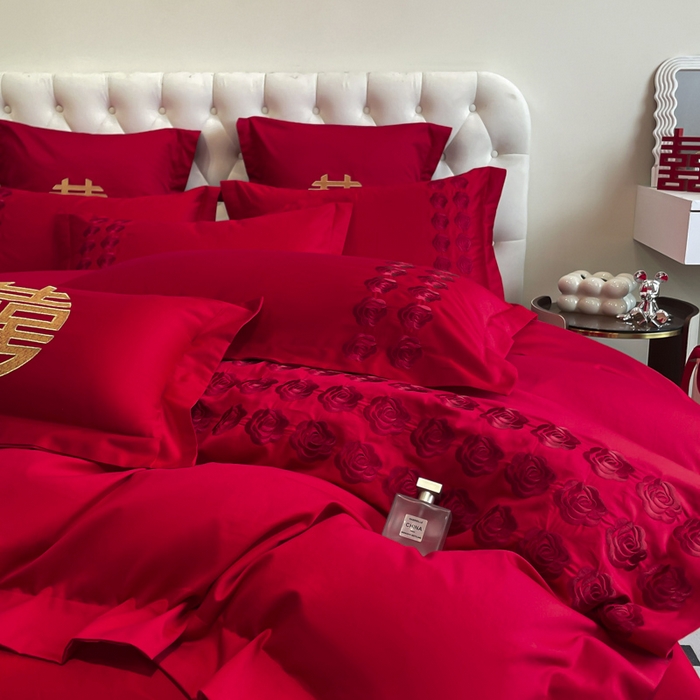 91家纺网 家纺一手货源 找家纺 欧乐蒂 2025新款亲肤棉婚庆刺绣四件套系列 水晶之恋