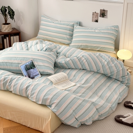 久典家居 2024新款水洗棉条纹系列四件套 童话蓝