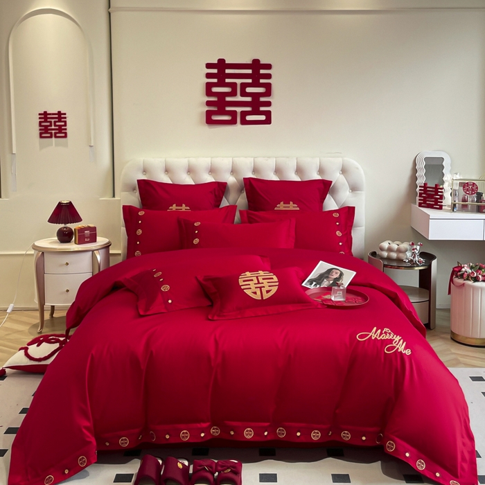 91家纺网 家纺一手货源 找家纺 欧乐蒂 2025新款亲肤棉婚庆刺绣四件套系列 爱相随