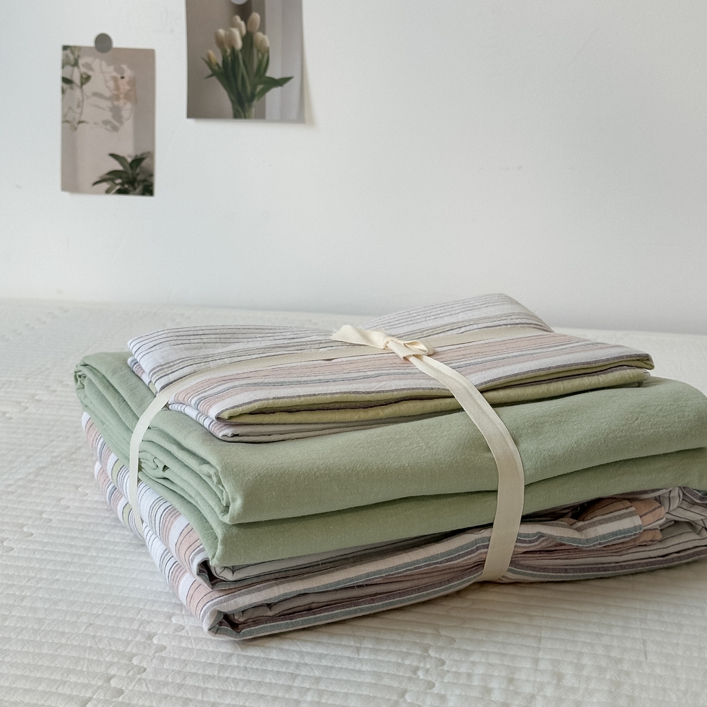 91家纺网 家纺一手货源 找家纺 久典家居 2024新款水洗棉条纹系列单被套 沐妍粉