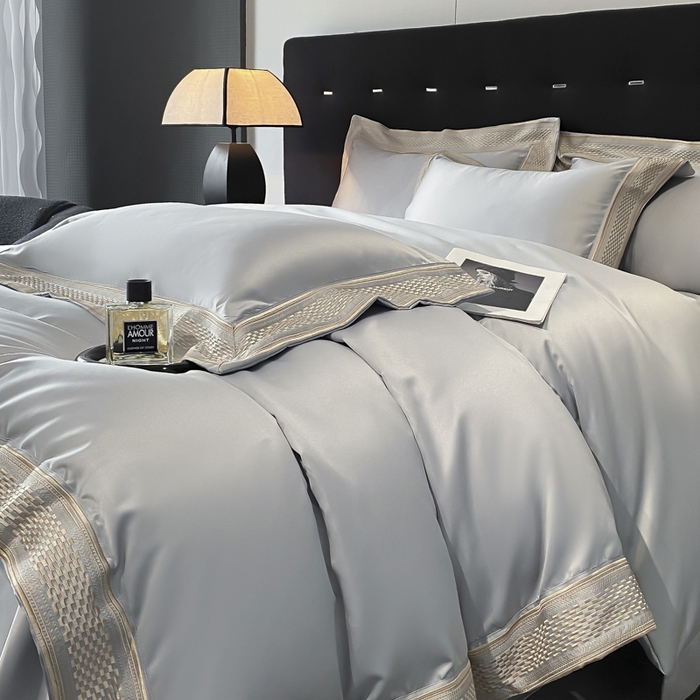 91家纺网 家纺一手货源 找家纺 欧乐蒂 2025新款高支高密水洗贡缎全棉四件套-简爱 简爱高级灰