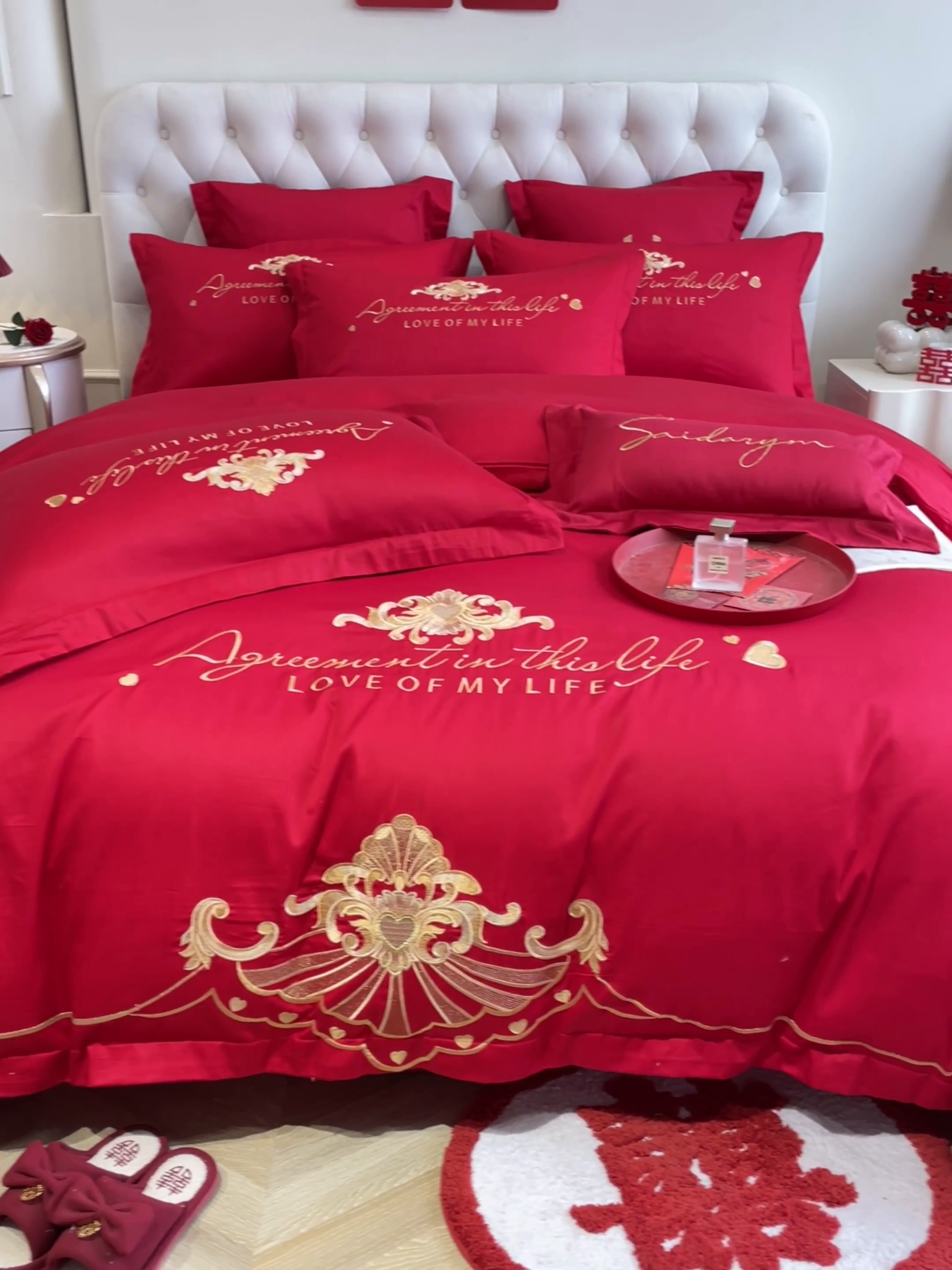 91家纺网 家纺一手货源 找家纺 欧乐蒂 2025新款亲肤棉婚庆刺绣四件套系列 锦绣佳缘