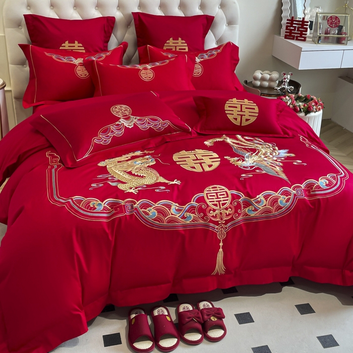 91家纺网 家纺一手货源 找家纺 欧乐蒂 2025新款亲肤棉婚庆刺绣四件套系列 龙凤瑞彩2