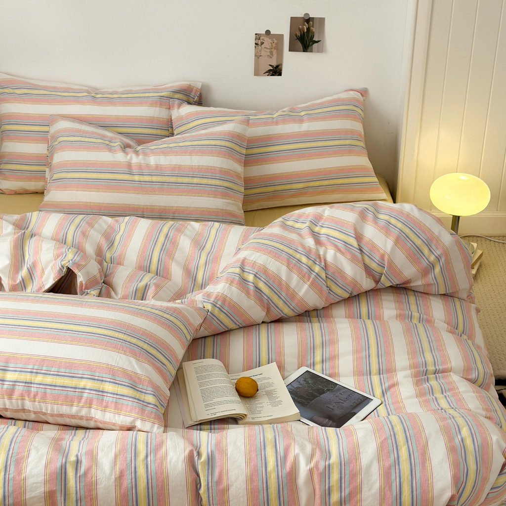 91家纺网 家纺一手货源 找家纺 久典家居 2024新款水洗棉条纹系列四件套 米娅