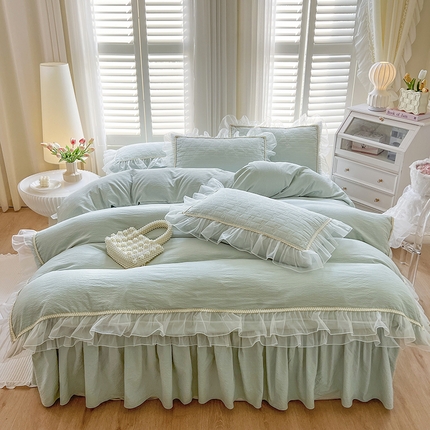 网红馆（ck家纺） 2025新款优舒棉花边床裙四件套-轻舞 轻舞-薄荷绿