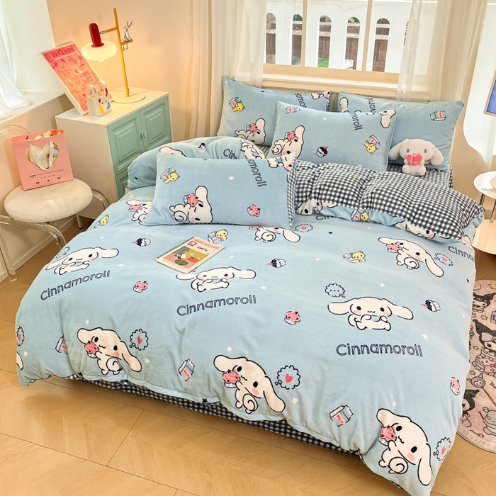 91家纺网 家纺一手货源 找家纺 桃子家居 2024新款三丽鸥卡通加厚高克重200克牛奶绒系列四件套 绒三丽鸥-冰淇淋甜点玉桂狗
