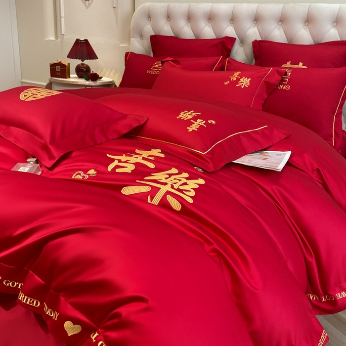 91家纺网 家纺一手货源 找家纺 欧乐蒂 2025新款亲肤棉婚庆刺绣四件套系列 喜乐