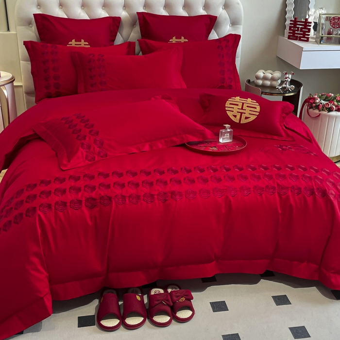 91家纺网 家纺一手货源 找家纺 欧乐蒂 2025新款亲肤棉婚庆刺绣四件套系列 水晶之恋