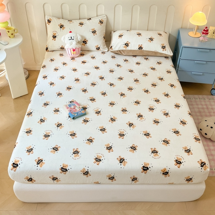 91家纺网 家纺一手货源 找家纺  星座家纺 2025新款小清新牛奶绒单床笠 快乐小熊