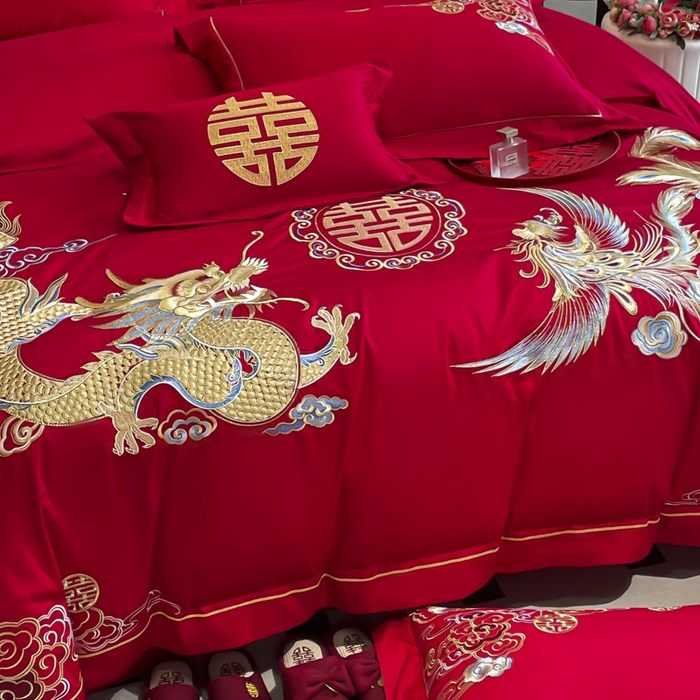 91家纺网 家纺一手货源 找家纺 欧乐蒂 2025新款亲肤棉婚庆刺绣四件套系列 龙飞凤舞