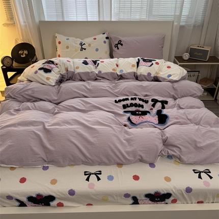 91家纺网 家纺一手货源 找家纺 奈颜 2024新款高克重印花毛巾绣爆款四件套-实拍图第二组 苹果狗狗-柔紫