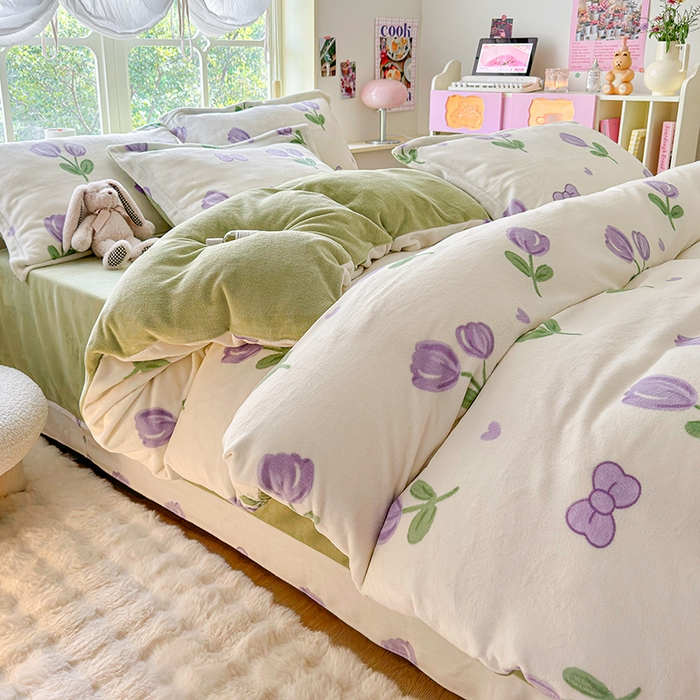 91家纺网 家纺一手货源 找家纺 呗旺鹿 2024新款高克重印花牛奶绒四件套 郁金香