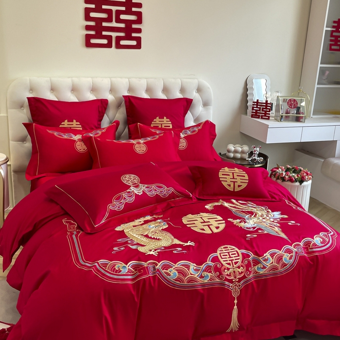 91家纺网 家纺一手货源 找家纺 欧乐蒂 2025新款亲肤棉婚庆刺绣四件套系列 龙凤瑞彩2