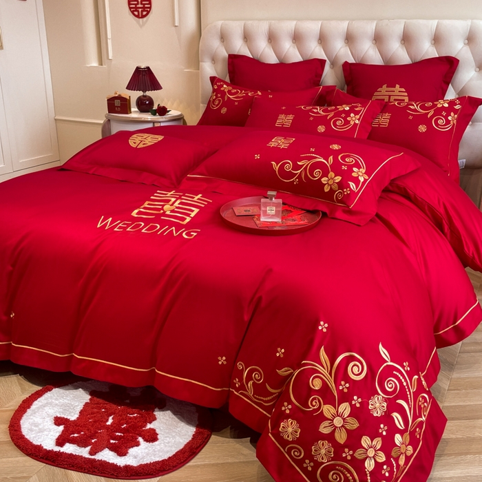 91家纺网 家纺一手货源 找家纺 欧乐蒂 2025新款亲肤棉婚庆刺绣四件套系列 金枝玉叶