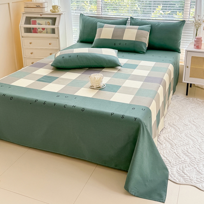 91家纺网 家纺一手货源 找家纺 一比一家纺 2024新款老粗布床单粗布凉席老粗布床单三件套（预留缩水） 绿格字母