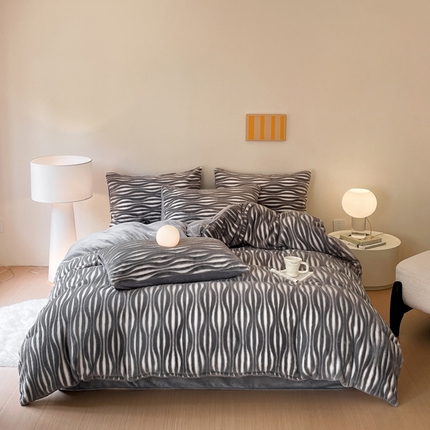 金爱家 2024新品全消光A类纯色獭兔毛绒立体牛奶绒兔毛雕花350克四件套 兔毛时空灰色