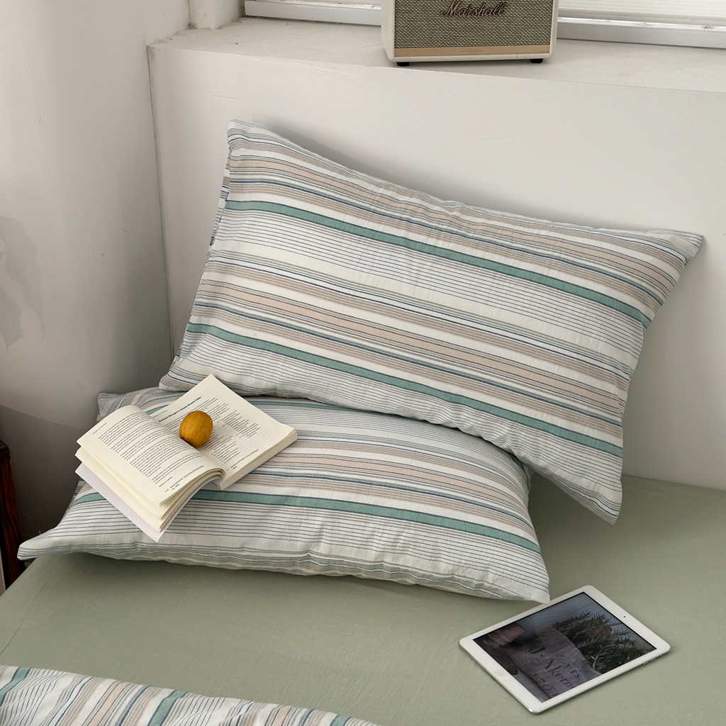 91家纺网 家纺一手货源 找家纺 久典家居 2024新款水洗棉条纹系列单被套 沐妍绿