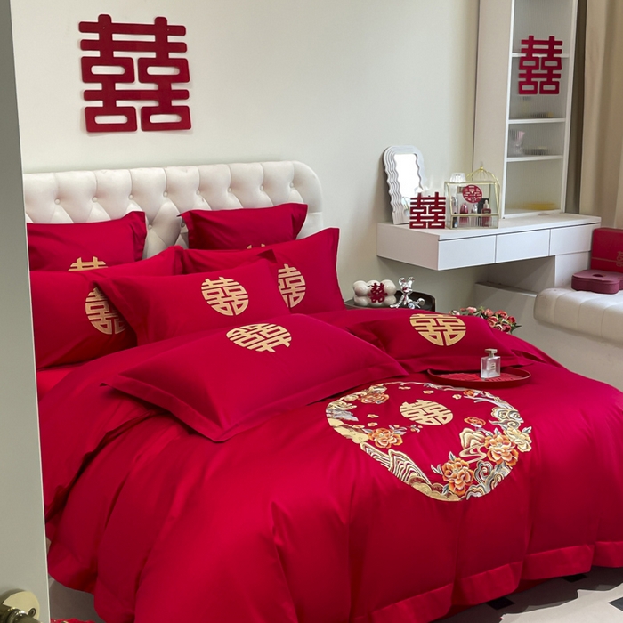 91家纺网 家纺一手货源 找家纺 欧乐蒂 2025新款亲肤棉婚庆刺绣四件套系列 爱情花语