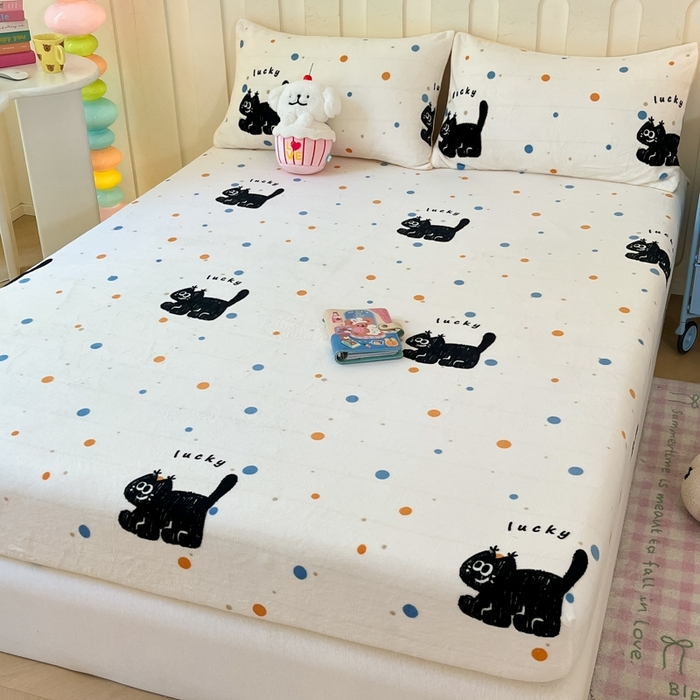 91家纺网 家纺一手货源 找家纺  星座家纺 2025新款小清新牛奶绒单床笠 炫酷小猫