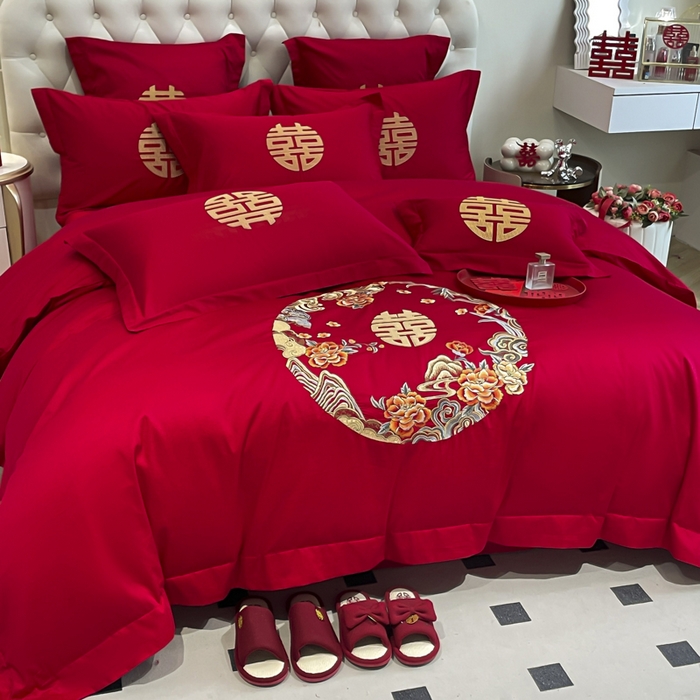 91家纺网 家纺一手货源 找家纺 欧乐蒂 2025新款亲肤棉婚庆刺绣四件套系列 爱情花语