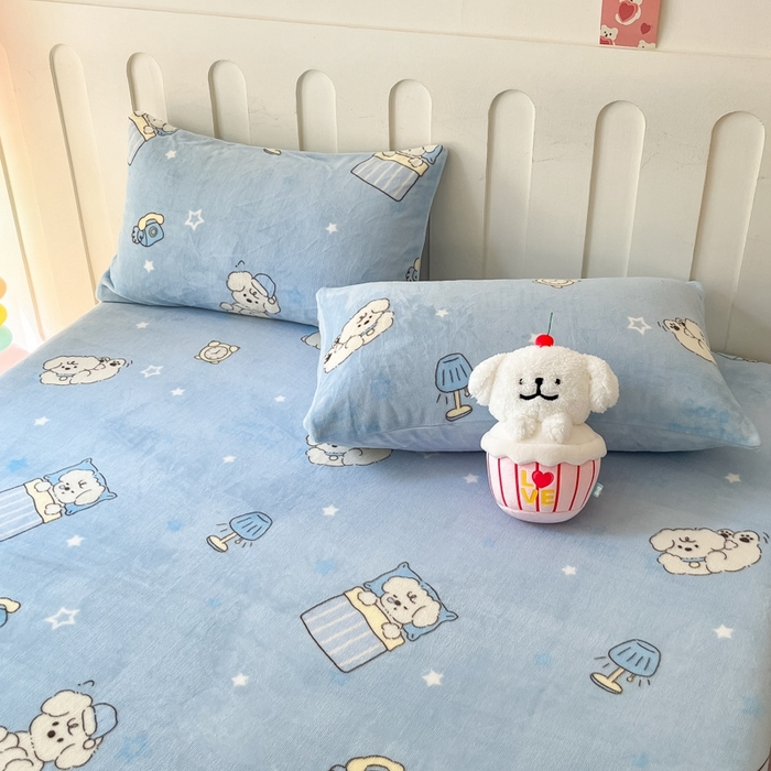 91家纺网 家纺一手货源 找家纺  星座家纺 2025新款小清新牛奶绒单床笠 早安狗