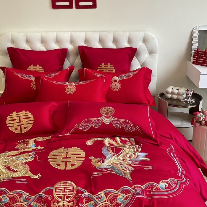 91家纺网 家纺一手货源 找家纺 欧乐蒂 2025新款亲肤棉婚庆刺绣四件套系列 龙凤瑞彩2