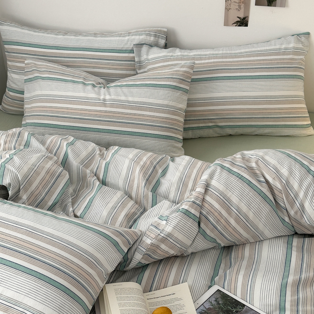 91家纺网 家纺一手货源 找家纺 久典家居 2024新款水洗棉条纹系列单被套 沐妍绿