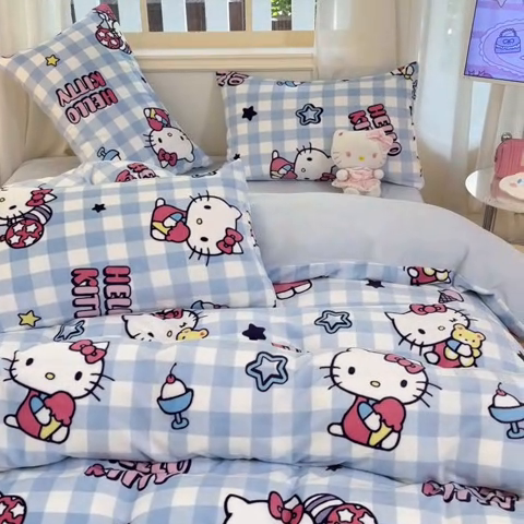 91家纺网 家纺一手货源 找家纺 桃子家居 2024新款三丽鸥卡通加厚高克重200克牛奶绒系列四件套 绒三丽鸥-蓝格星星kitty