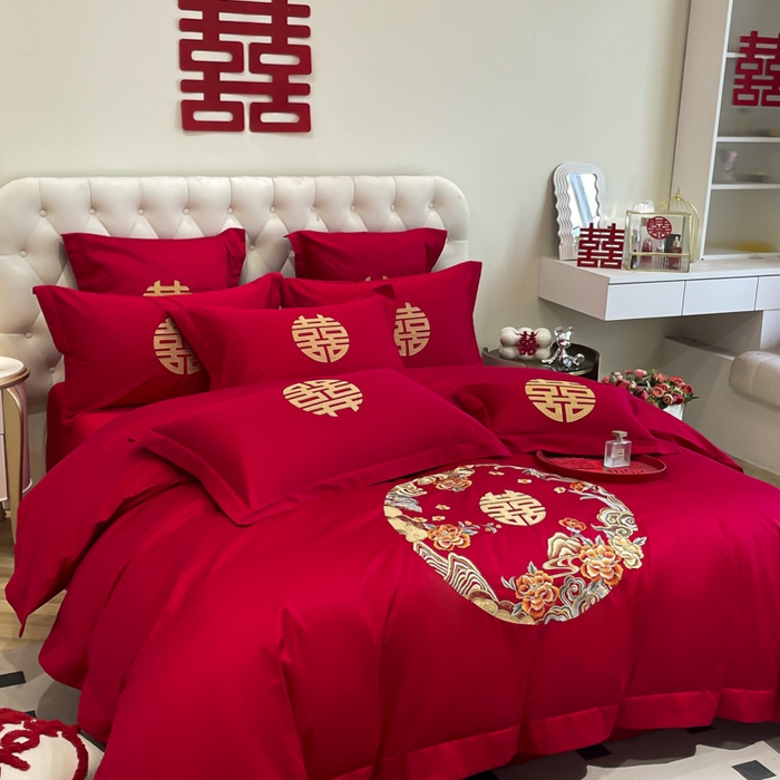 91家纺网 家纺一手货源 找家纺 欧乐蒂 2025新款亲肤棉婚庆刺绣四件套系列 爱情花语