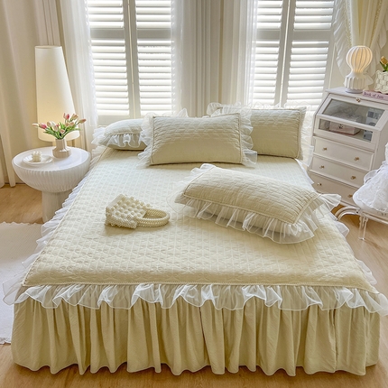 91家纺网 家纺一手货源 找家纺 网红馆（ck家纺） 2025新款优舒棉花边床裙款三件套-轻舞 轻舞-柚黄