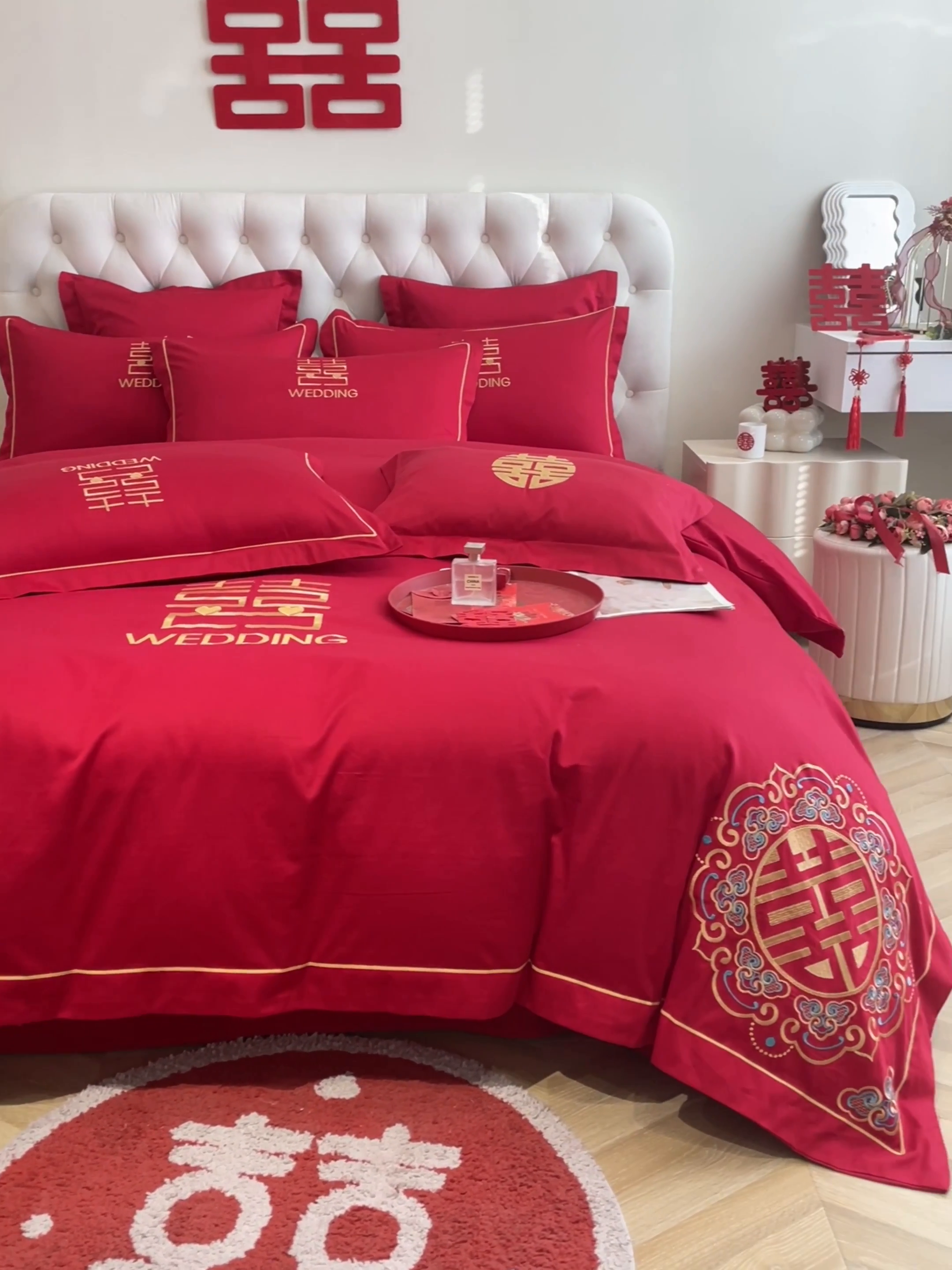 91家纺网 家纺一手货源 找家纺 欧乐蒂 2025新款亲肤棉婚庆刺绣四件套系列 双喜临门